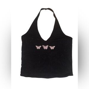 Hollister Black Halter Top with Pink Butterfly Accents